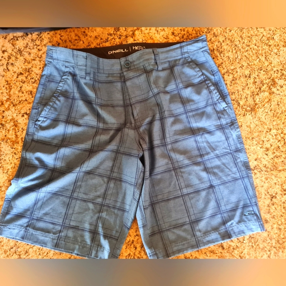 O'Neill Men's Blue Plaid Shorts Stretch Active Casual Flat Front EUC 36